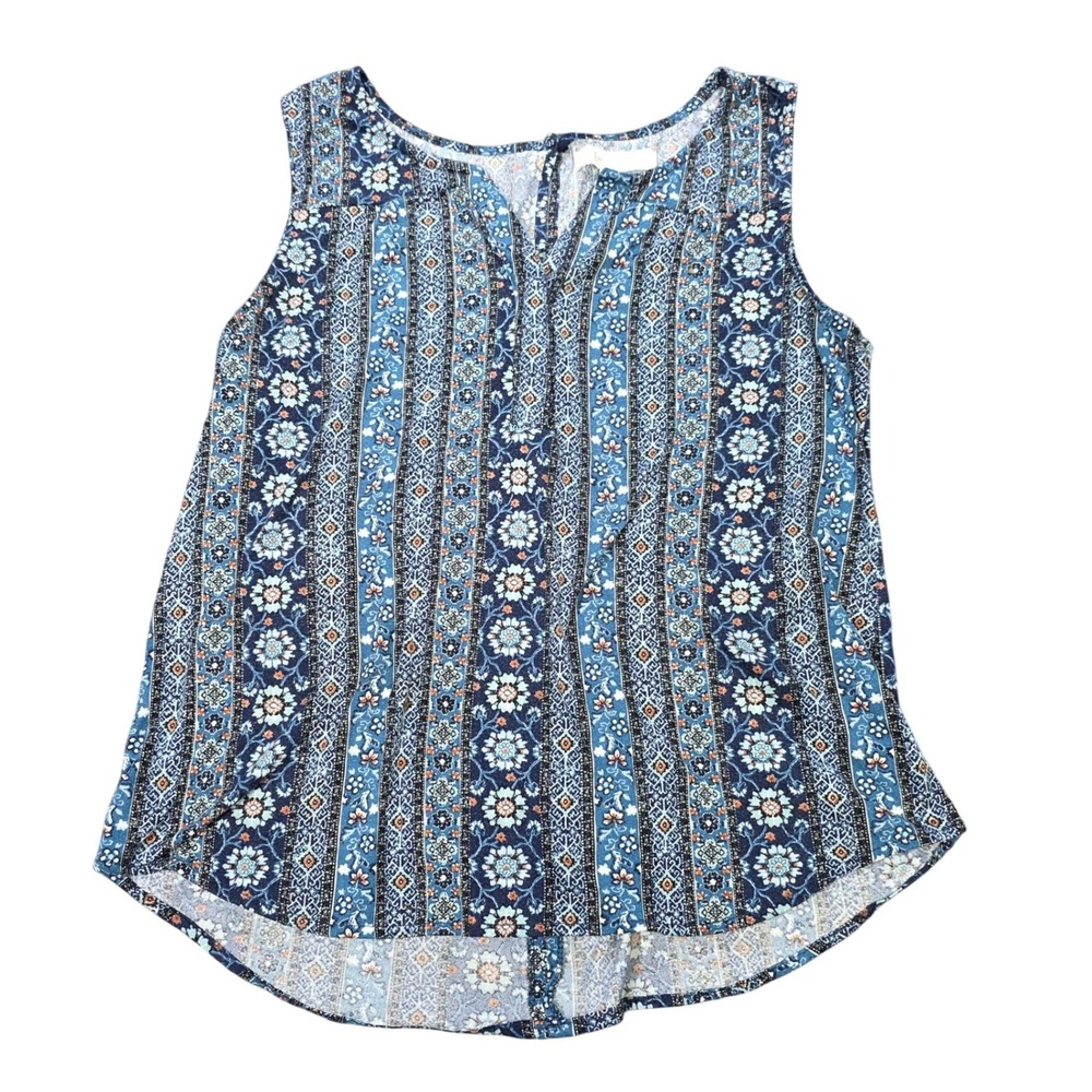 Eden & Olivia Button Back Sleeveless Blouse Women's Size L Blue Floral Boho
